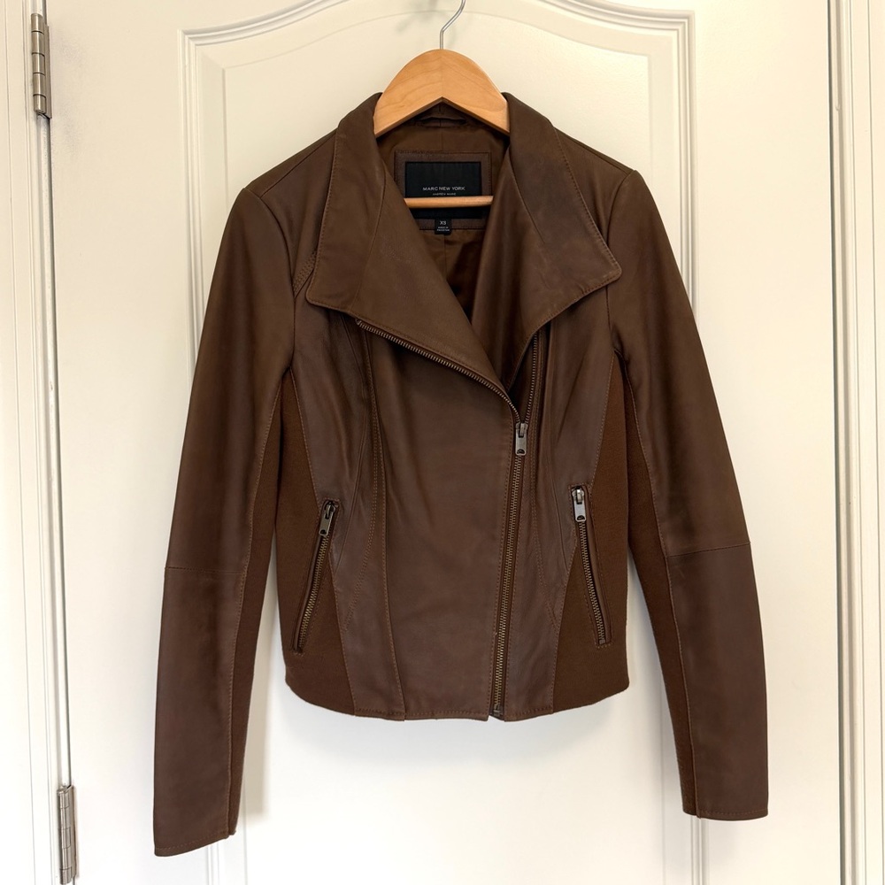 Marc New York Andrew Mark Brown Leather Asymmetrical Moto Fitted Jacket